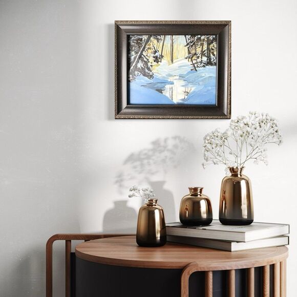 Framed Original Oil Painting Landscape Winter Snowy River Trees 10.5x12.5 Signed - Picture 4 of 9